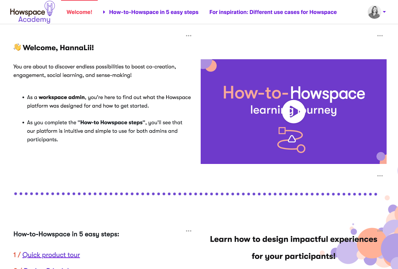 Howspace platform showing steps in a process